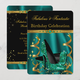 Fabulous Emerald Green Gold Heels Birthday Party Invitation