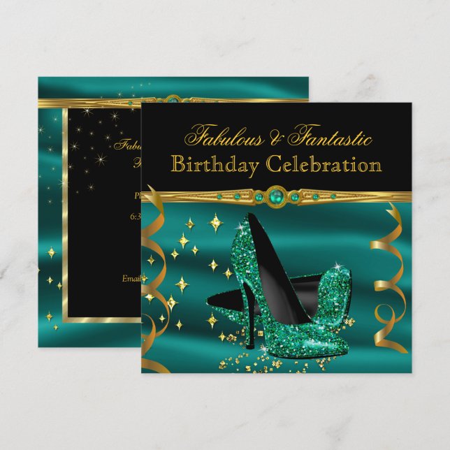 Fabulous Emerald Green Heels Gold Birthday Party Invitation (Front/Back)