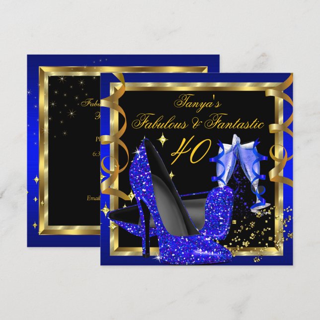 Fabulous Fantastic Modern Royal Blue Black Gold Invitation (Front/Back)