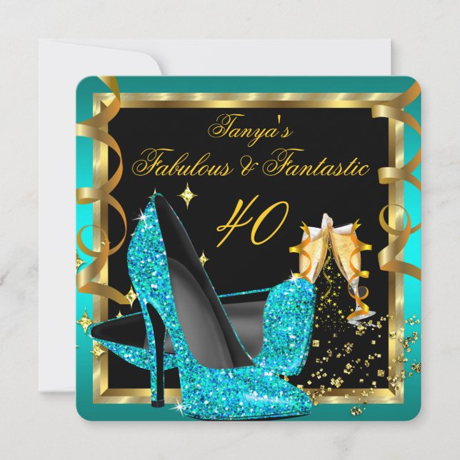 Fabulous Fantastic Modern Teal Blue Black Gold Invitation (Front)