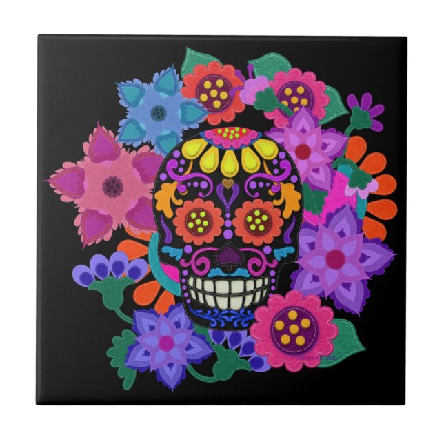 Fabulous Felt Look Sugar Skull Beautiful Tile (Front)