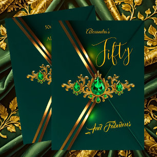 Fabulous Fifty Birthday Emerald Green Gold Gems Invitation