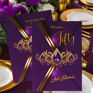 Fabulous Fifty Birthday Royal Purple Gold Gems Invitation