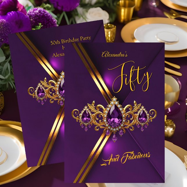 Fabulous Fifty Birthday Royal Purple Gold Gems Invitation (Creator Uploaded)