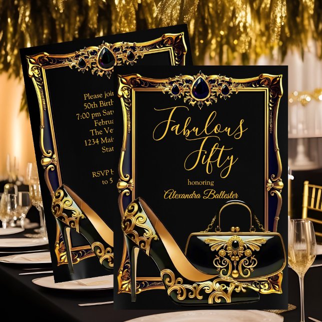 Fabulous Fifty Black Gold high Heel handbag Gems Invitation (Creator Uploaded)