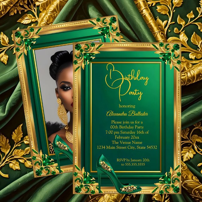 Fabulous Fifty Emerald Green Gold high Heel Gems Invitation (Creator Uploaded)
