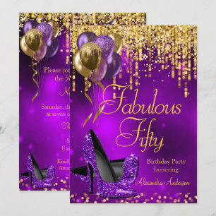 Fabulous Fifty Party Purple Glitter Gold High Heel Invitation