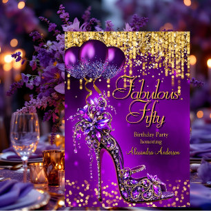 Fabulous Fifty Party Purple Glitter Gold Stiletto  Invitation