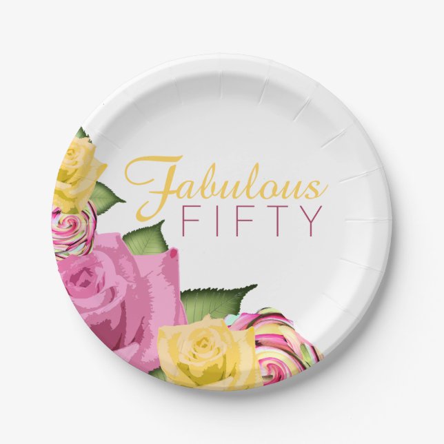 Fabulous Fifty Pink | Yellow Floral 50th Birthday Paper Plate (Front)