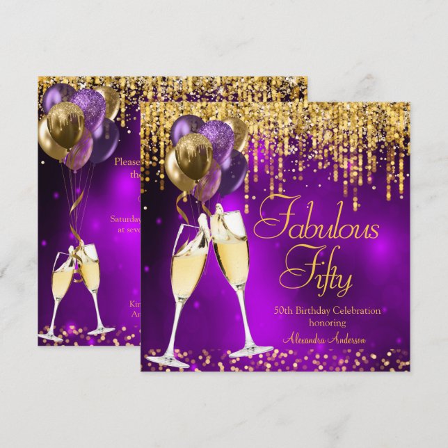 Fabulous Fifty Purple Glitter Gold Champagne SQ Invitation (Front/Back)