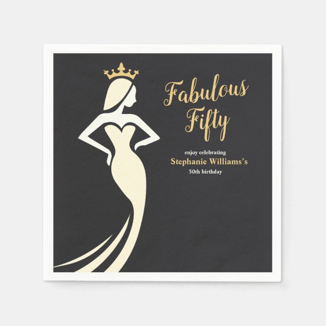 Fabulous Fifty Queen Golden Black 50th Birthday Napkin (Front)