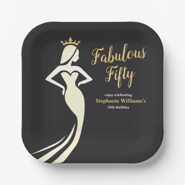 Fabulous Fifty Queen Golden Black 50th Birthday Paper Plate (Front)
