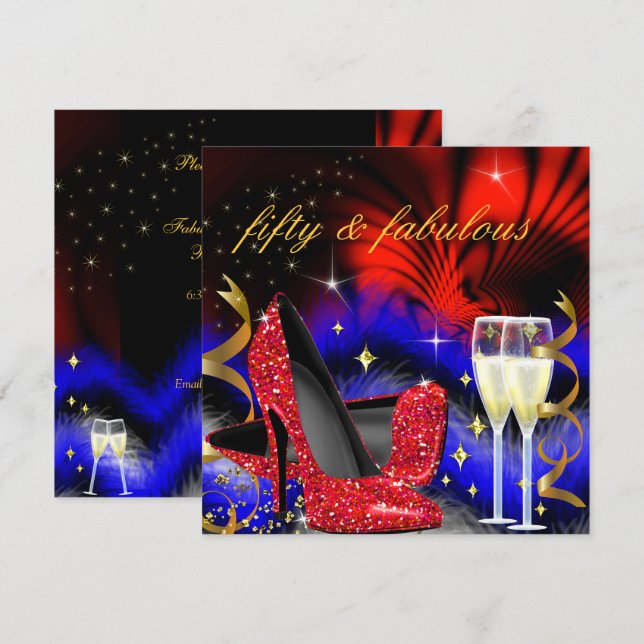 Fabulous fifty Red Royal Blue High Heels Gold Invitation (Front/Back)