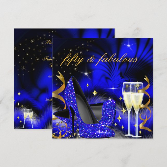 Fabulous fifty Royal Blue High Heels Gold Black 2 Invitation (Front/Back)
