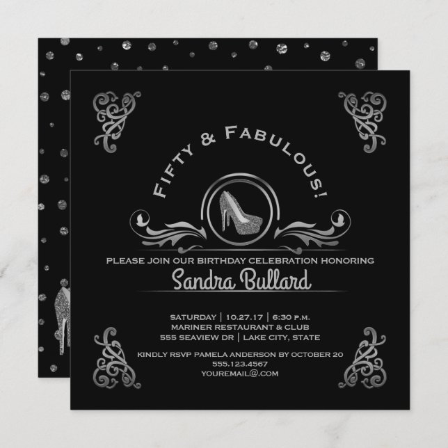 Fabulous Fifty Silver High Heels Birthday Party Invitation (Front/Back)