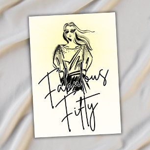 Fabulous Fifty Woman White Sketch 50th Birthday Invitation