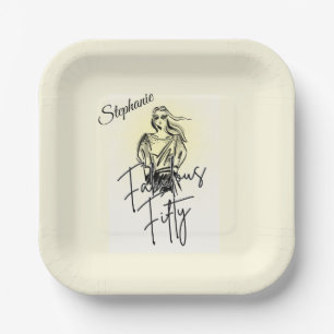 Fabulous Fifty Woman White Sketch 50th Birthday Paper Plate