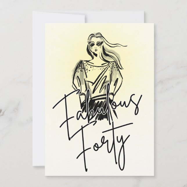 Fabulous Forty Woman White Sketch 40th Birthday Invitation (Front)