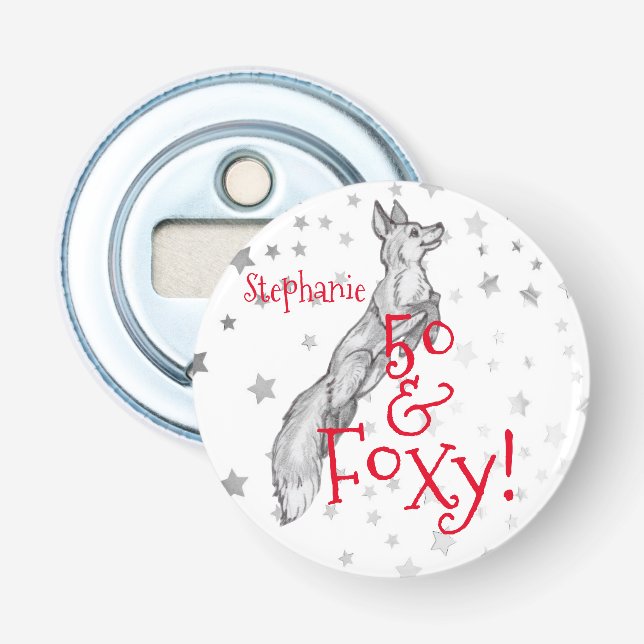 Fabulous Foxy 50th Birthday Black White Red Fox Bottle Opener (Front)