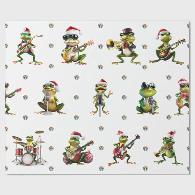 Fabulous Frog Jazz Band Christmas Holiday on White Wrapping Paper (Flat)