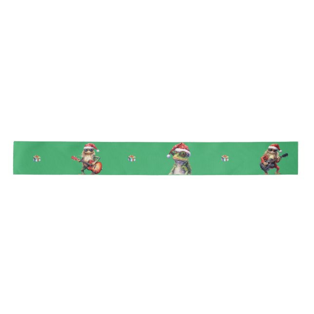 Fabulous Frog Rock Band Christmas Holiday on Green Satin Ribbon (Front)