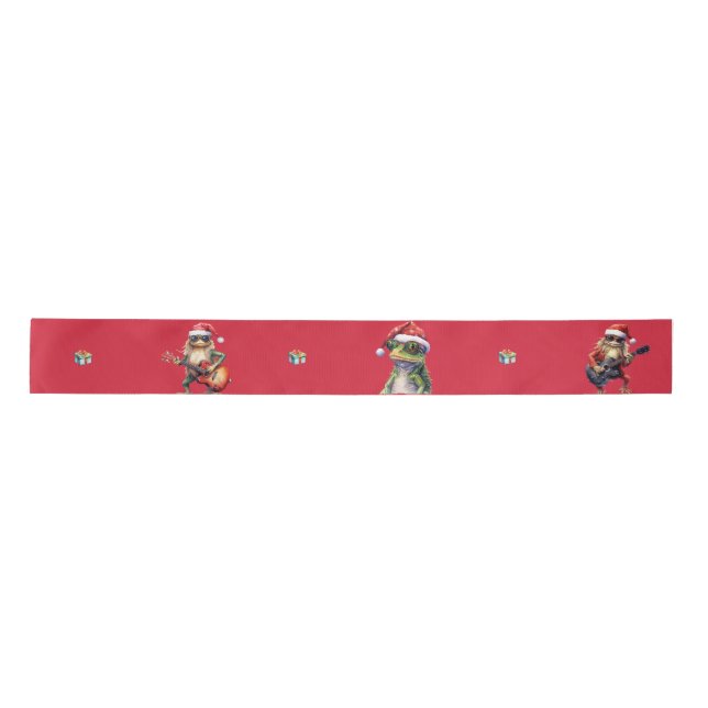 Fabulous Frog Rock Band Christmas Holiday on Red  Satin Ribbon (Front)