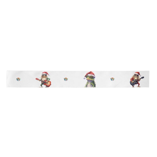 Fabulous Frog Rock Band Christmas Holiday on White Satin Ribbon (Front)