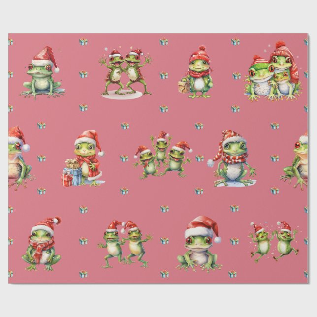 Fabulous Frogs Christmas Holiday Lt Red Wrapping Paper (Flat)