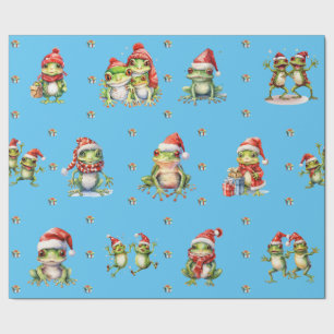 Fabulous Frogs Christmas Holiday on Blue Wrapping Paper