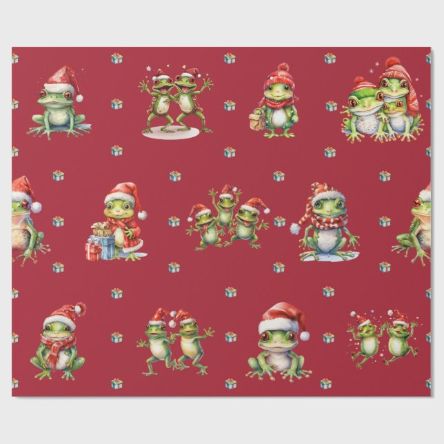 Fabulous Frogs Christmas Holiday on Red Wrapping Paper (Flat)