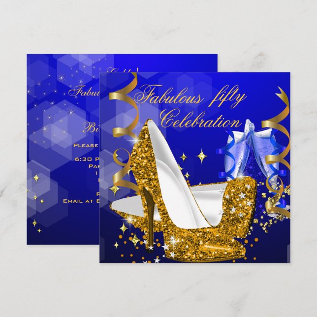 Fabulous Glitter Blue Gold High Heel Birthday 5 Invitation (Front/Back)