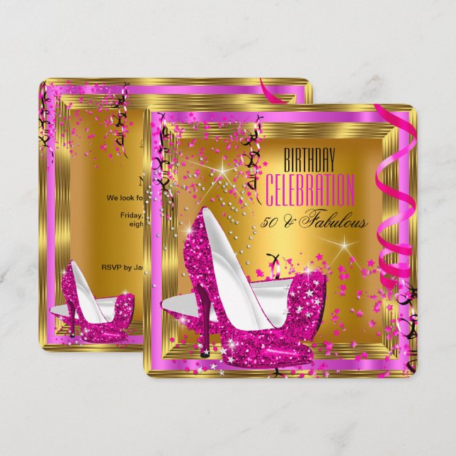 Fabulous Glitter Pink High Heels Gold Birthday 2 Invitation (Front/Back)