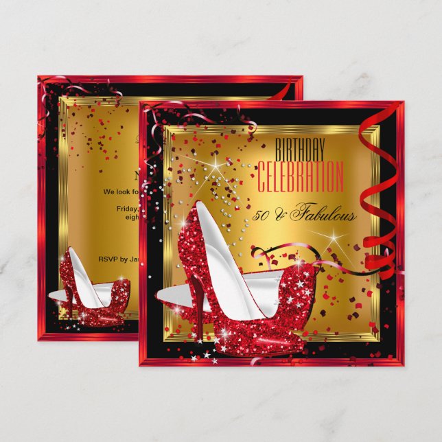 Fabulous Glitter Red High Heels Gold Birthday Invitation (Front/Back)