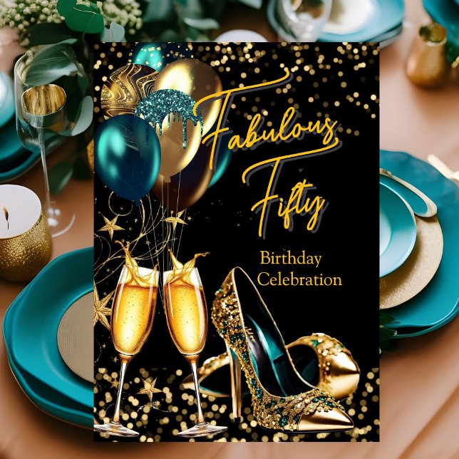 Fabulous Glitter Teal Blue Gold heels Champagne Invitation (Creator Uploaded)