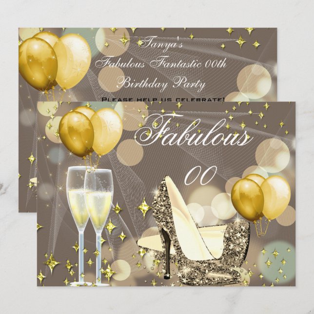 Fabulous Gold Beige Champagne Birthday Party 2 Invitation (Front/Back)
