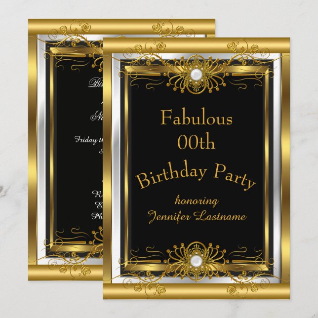 Fabulous Gold Black Birthday Party Invitation (Front/Back)