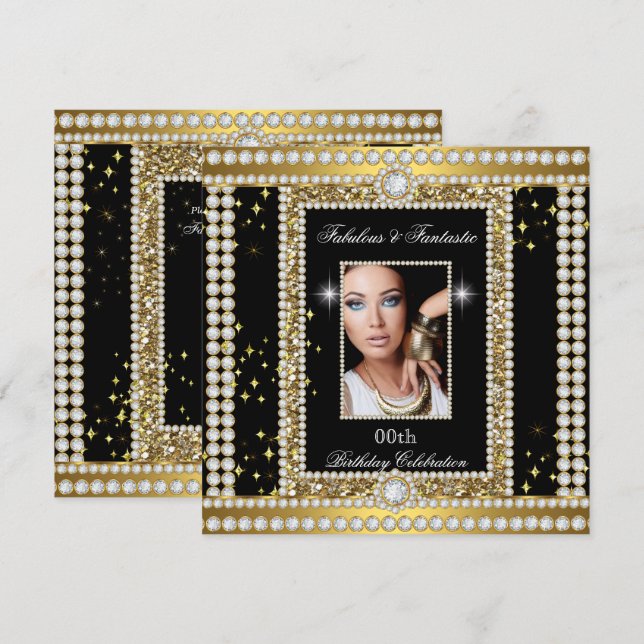 Fabulous Gold Black Glamour Photo Diamond Party Invitation (Front/Back)