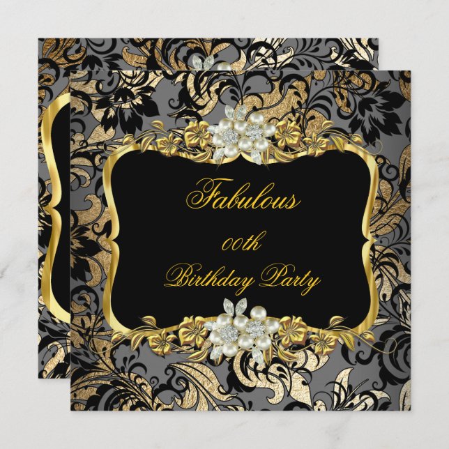 Fabulous Gold Black Grey Pearl Damask Party Invitation (Front/Back)