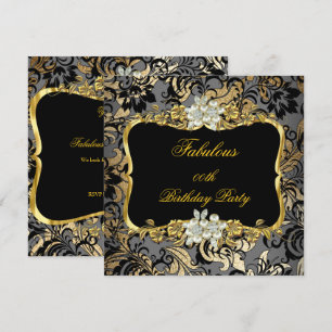 Fabulous Gold Black Grey Pearl Damask Party Invitation