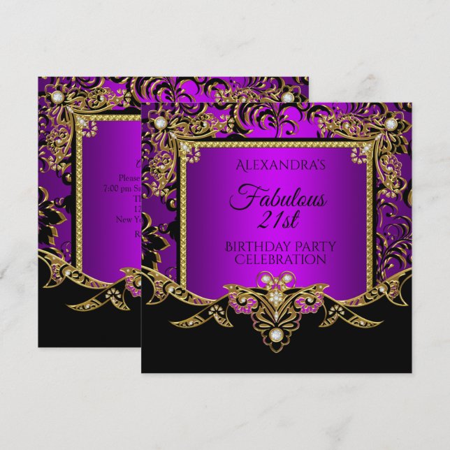 Fabulous Gold Purple Black 21st Birthday Party Invitation (Front/Back)