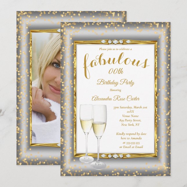 Fabulous Gold Silver Champagne Photo Birthday Invitation (Front/Back)