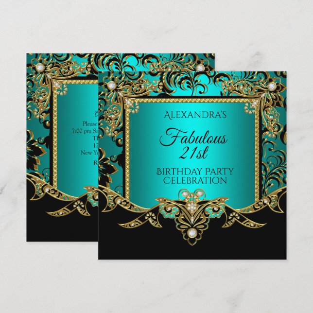 Fabulous Gold Teal BLUE Black 21st Birthday Party Invitation (Front/Back)