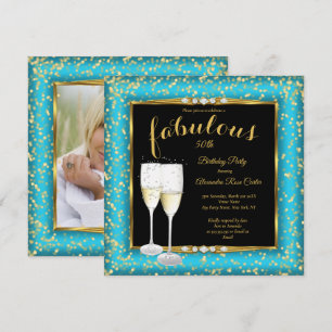 Fabulous Gold Teal blue Champagne Photo Birthday 2 Invitation