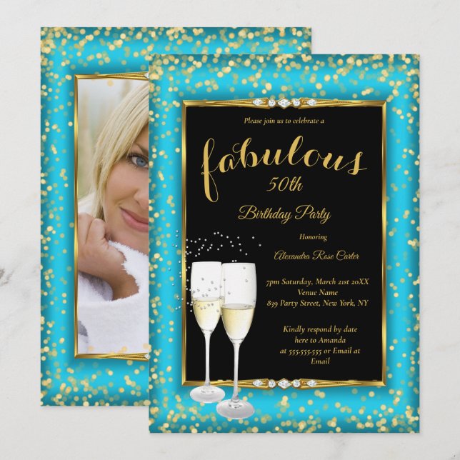 Fabulous Gold Teal blue Champagne Photo Party Invitation (Front/Back)