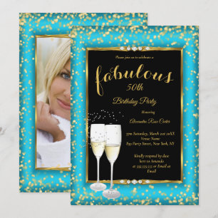 Fabulous Gold Teal blue Champagne Photo Party Invitation