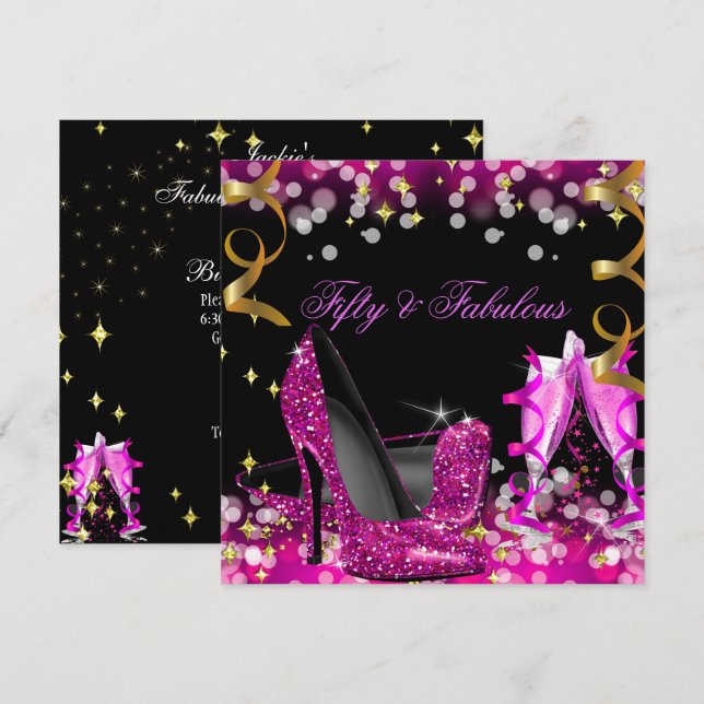 Fabulous Hot Pink Glitter High Heel Birthday Party Invitation (Front/Back)