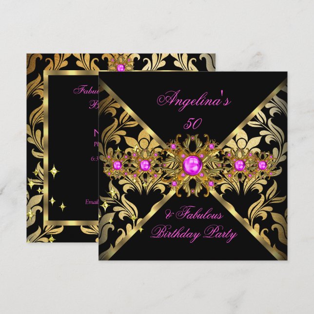 Fabulous Hot Pink Gold Black Damask Invitation (Front/Back)