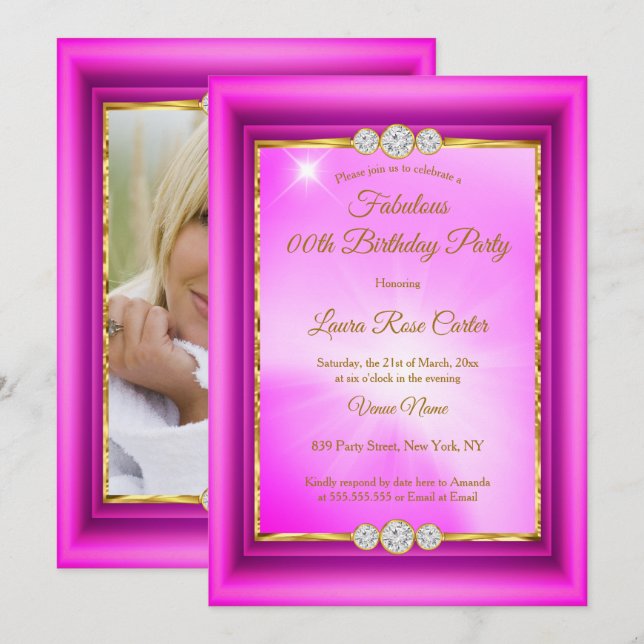Fabulous hot pink Gold photo Birthday Party Invitation (Front/Back)