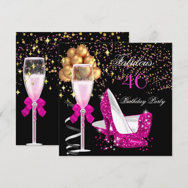 Fabulous Hot Pink Heels Gold Black Birthday Party Invitation (Front/Back)