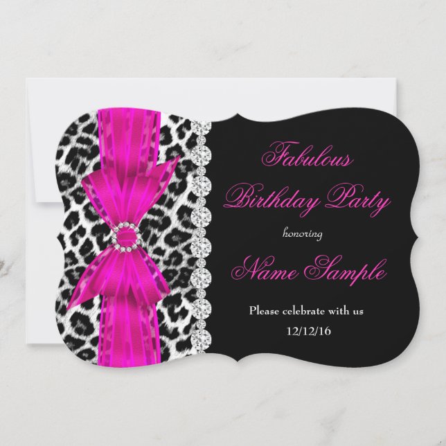Fabulous Hot Pink Leopard Birthday Party Black Invitation (Front)